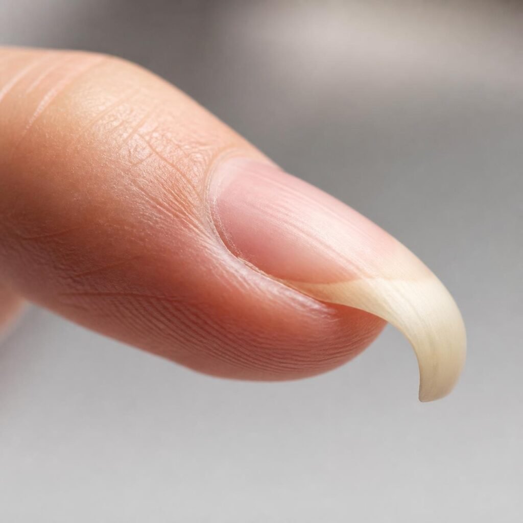 Hooked nail with downward curved growth