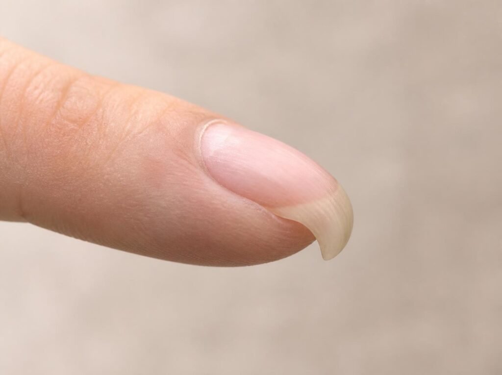 Curved downward-growing fingernail