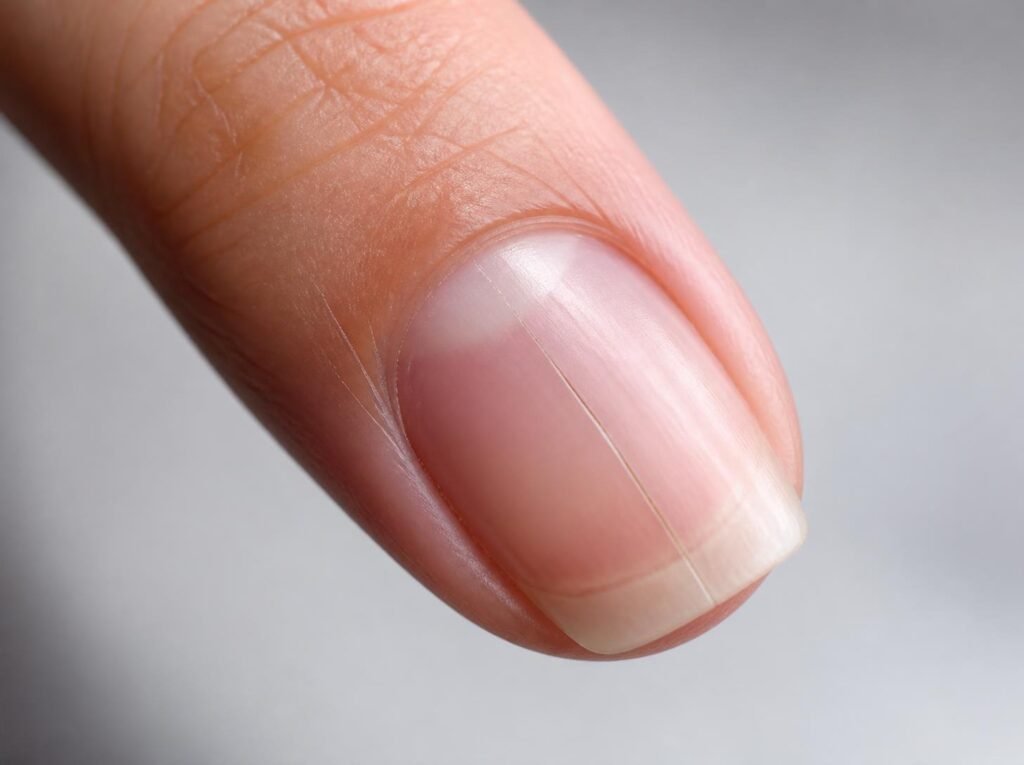 Cracked natural fingernail requiring professional assessment