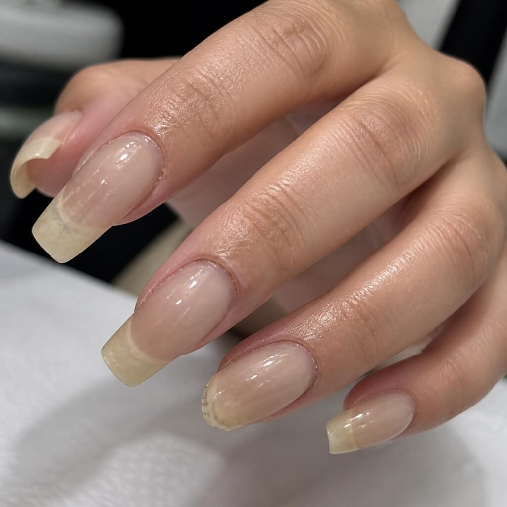Poorly shaped inherited nail extensions before correction
