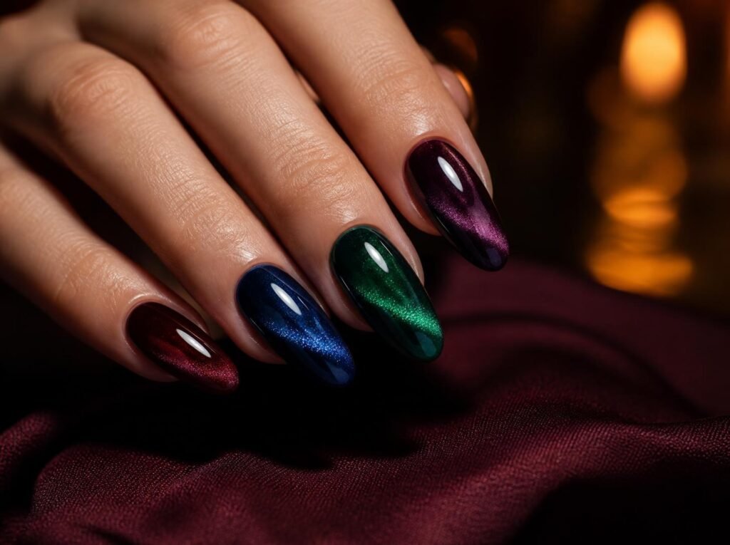 jewel toned cat eye nails