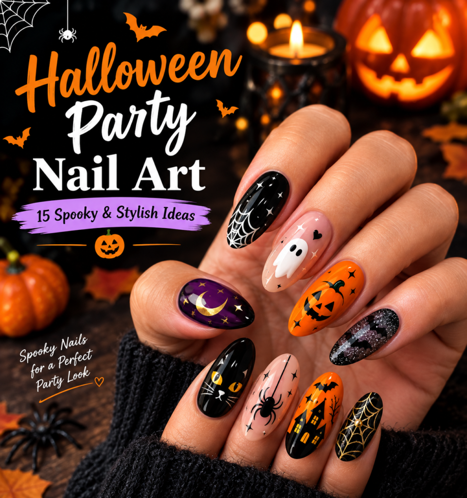 Halloween Party Nail Art with ghosts, pumpkins, bats and spider web design