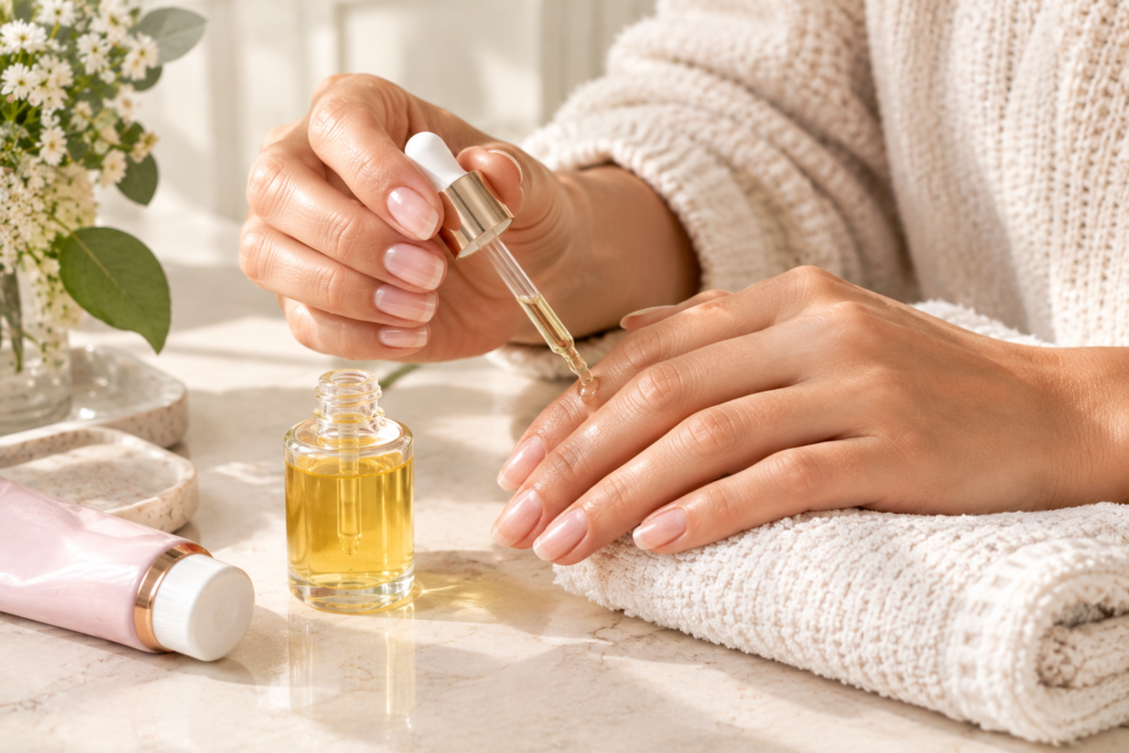 woman applying cuticle oil to natural nails 