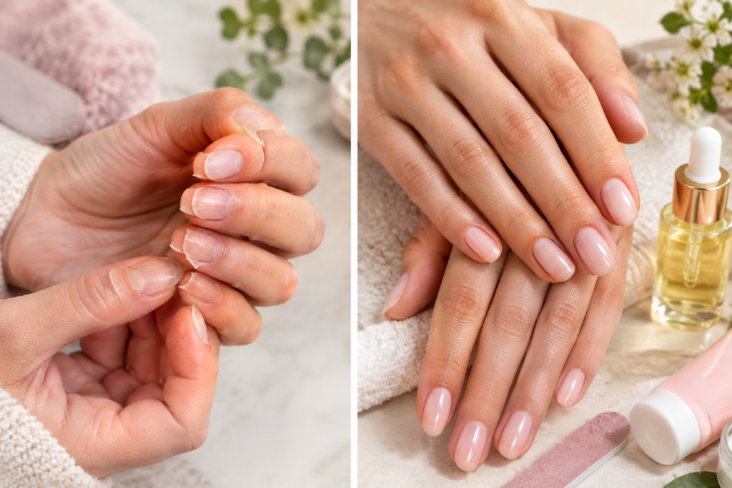 brittle nails before and healthy nails after proper nail care