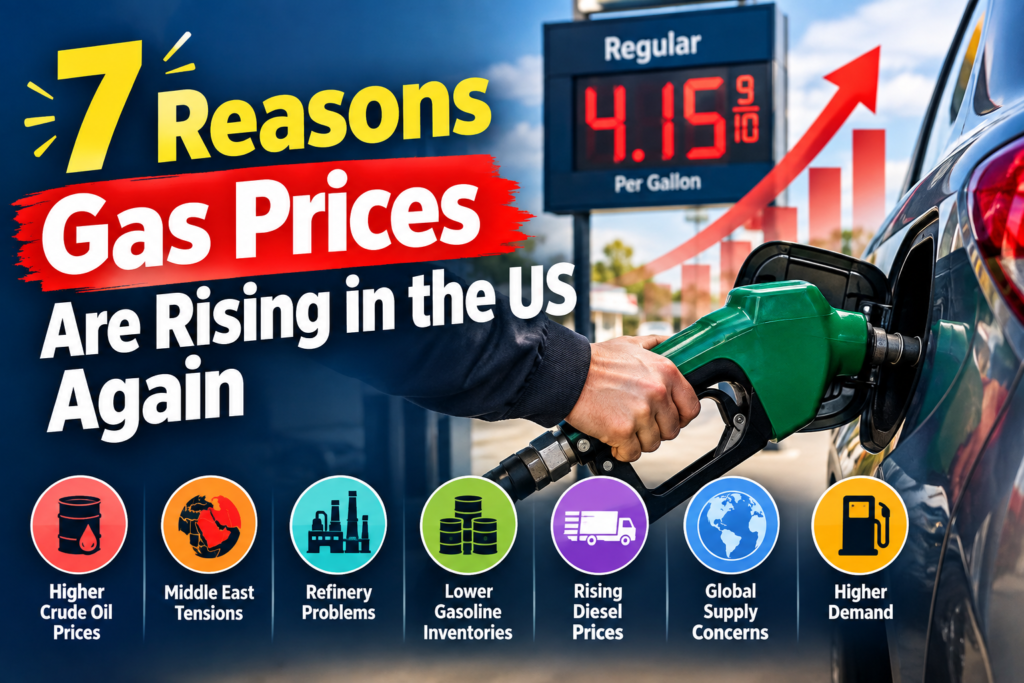 Gas prices rising in the US due to higher crude oil prices, refinery problems, and global supply concerns.