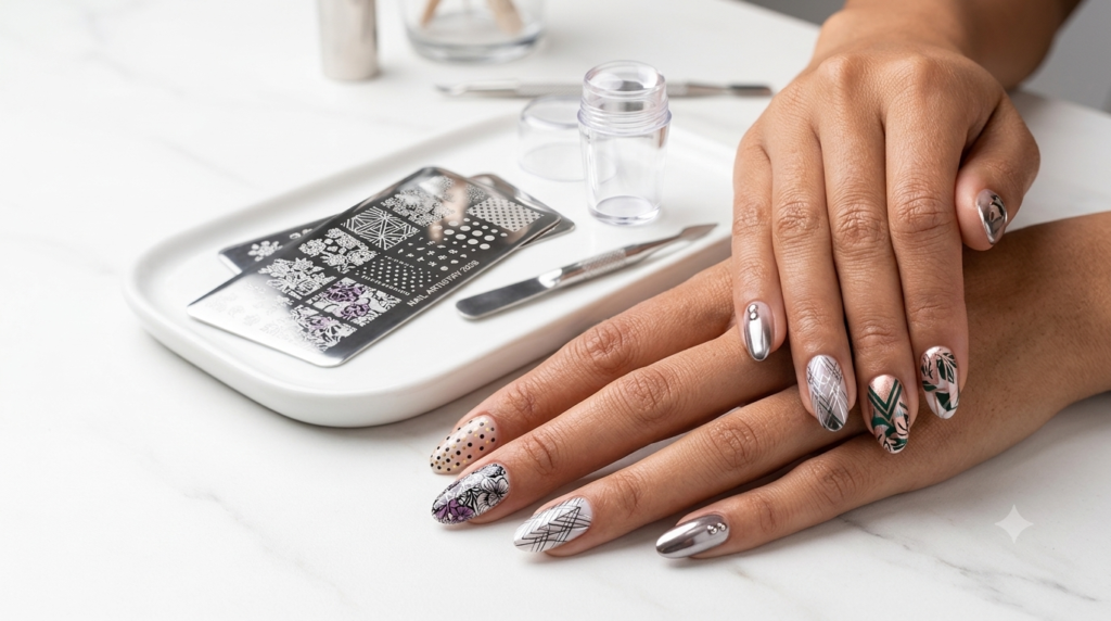 Nail Art Trends 2026 featuring chrome, cat-eye and French nail designs