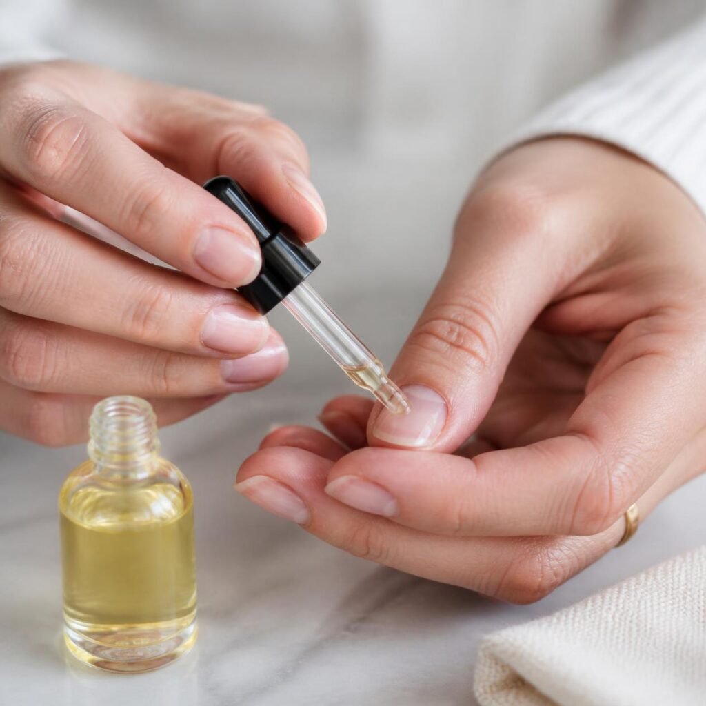 apply cuticle oil or a rich moisturizer and gently massage it into the surrounding skin.