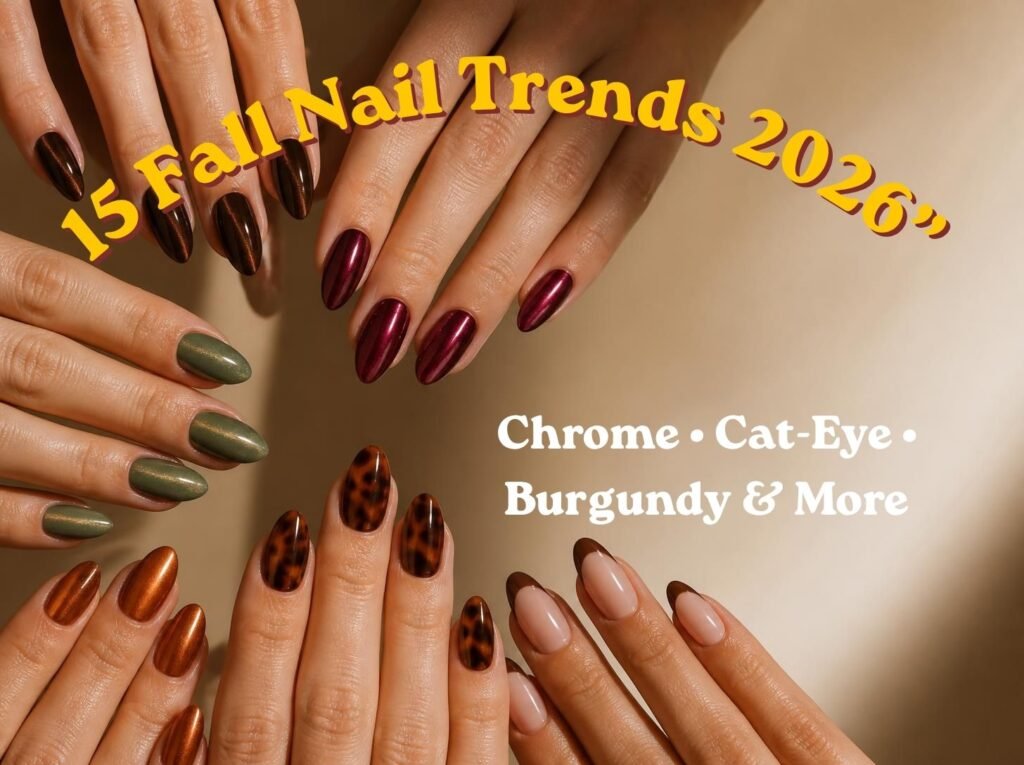 Fall Nail Trends 2026 featuring chrome, cat-eye, burgundy and chocolate brown nail designs