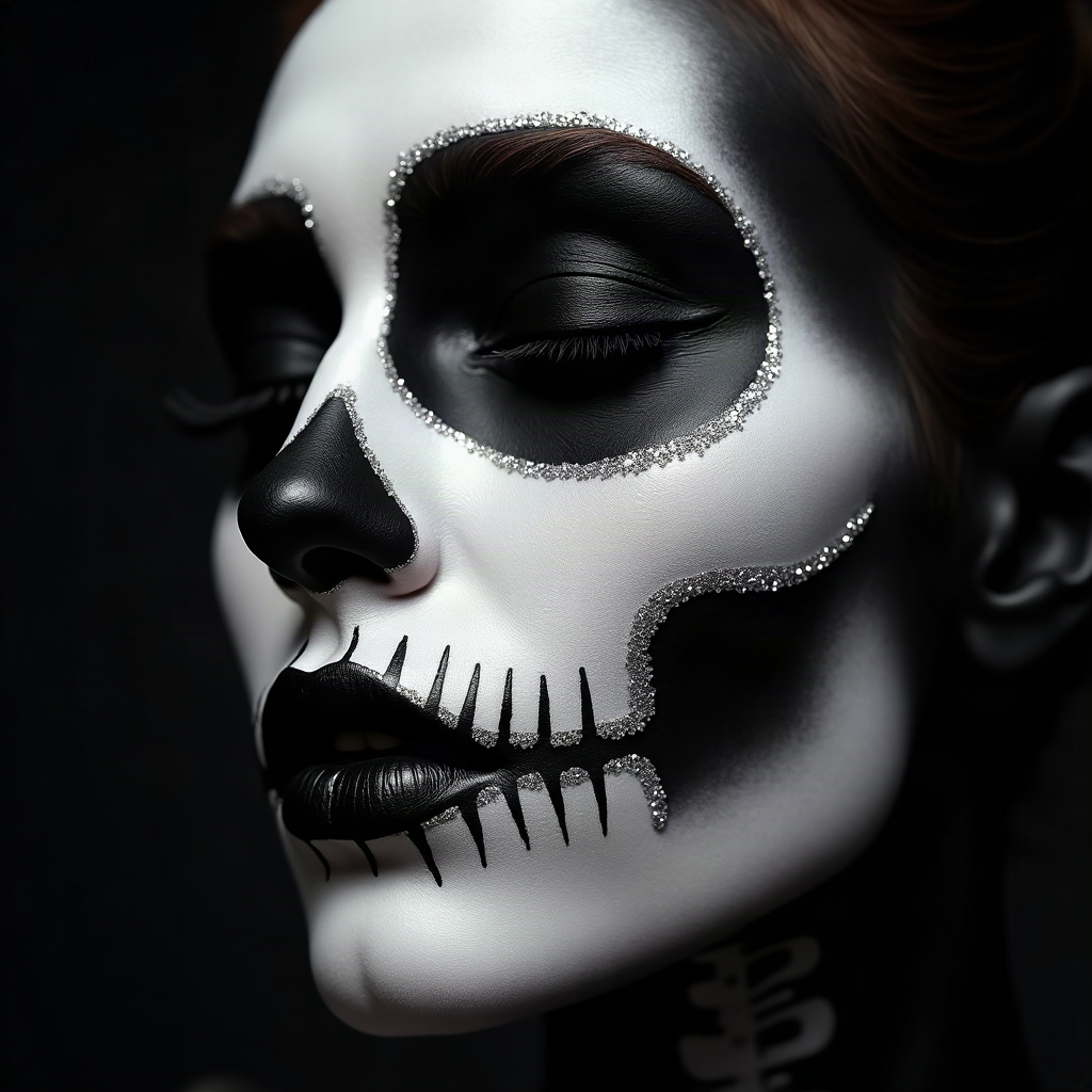 Close-up beauty portrait of a woman wearing glam skeleton Halloween makeup, featuring a matte white face, black hollowed eye sockets, subtle black shading on cheekbones, a black nose triangle, and lips outlined black with white teeth detail. Delicate silver glitter adorns the cheekbones, all presented with dramatic, elegant editorial lighting against a dark background.
