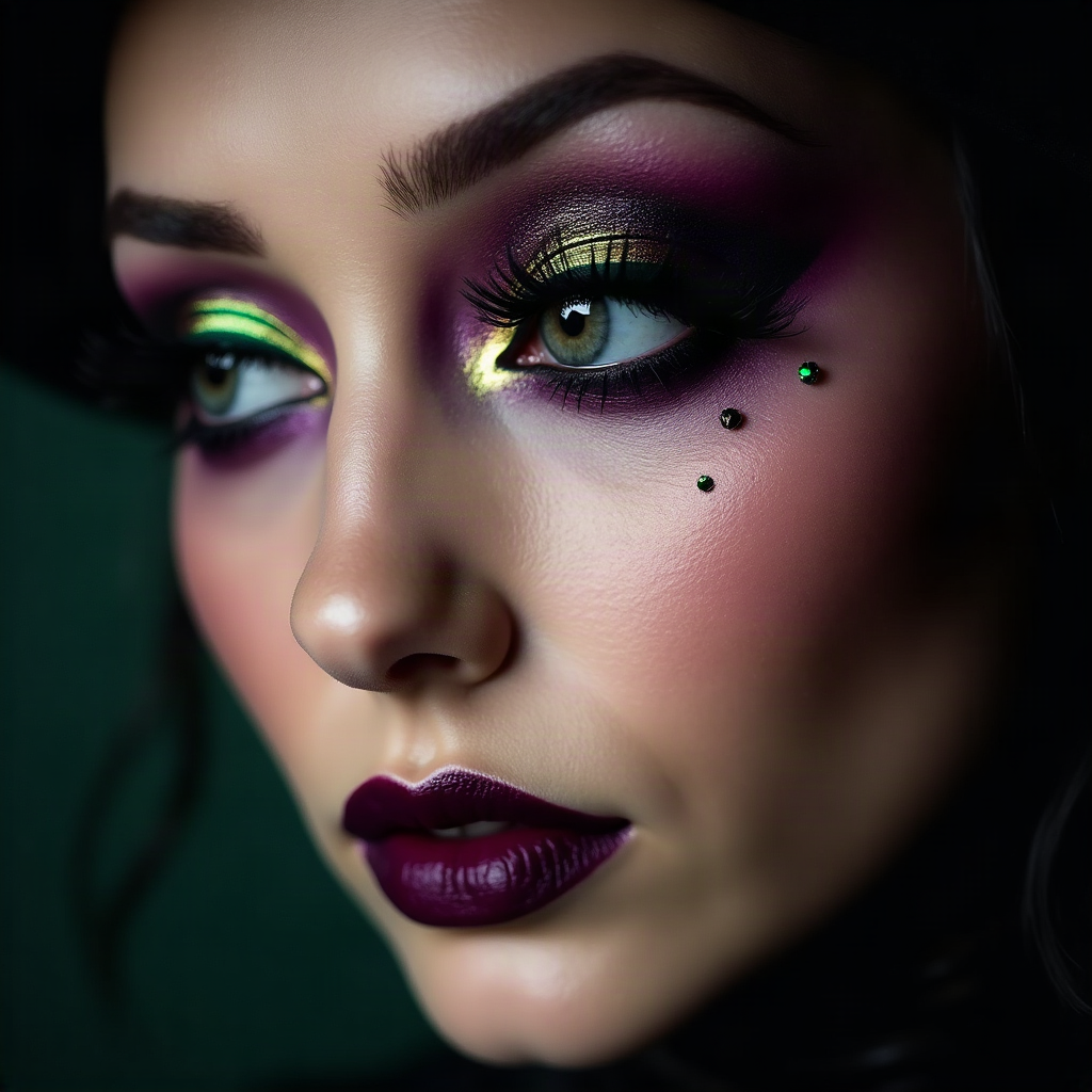 Close-up beauty portrait of a woman wearing witchy smokey eye Halloween makeup, featuring deep jewel-toned purple and emerald green eyeshadow blended upward, a metallic gold inner corner highlight, dramatic black winged eyeliner with bold false lashes, a deep berry lip, and small jeweled gems at the outer eye corner. The image is lit with moody, dramatic editorial lighting against a dark, mystical background.
