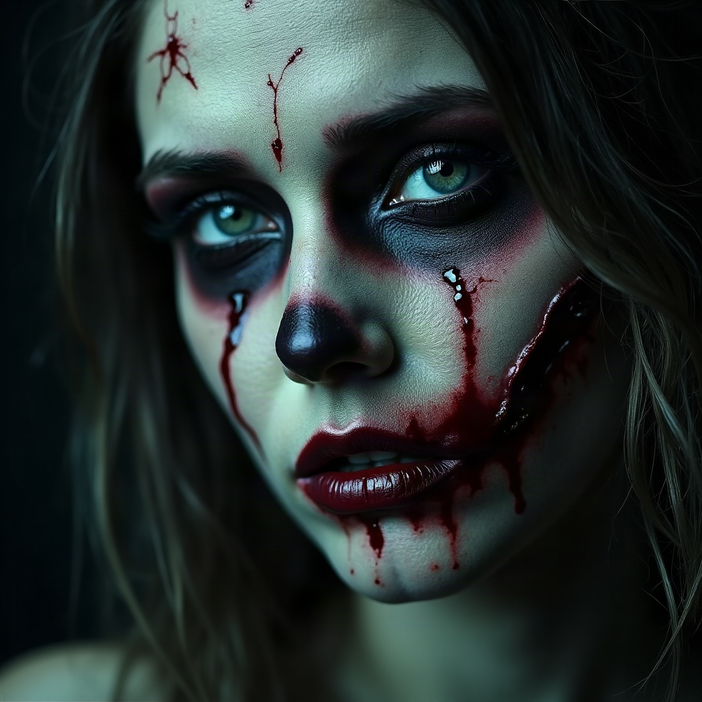 Close-up beauty portrait of a person with zombie Halloween makeup, featuring ashen gray-green skin tone, deep purple-black hollowed eye sockets, cracked and peeling skin texture around the jaw and forehead, dark red dripping fake blood near a torn wound on the cheek, smudged dark eyeshadow, and messy undead hair strands falling across the face. The image is lit with cinematic horror beauty lighting against a dark, moody background, showcasing high detail.