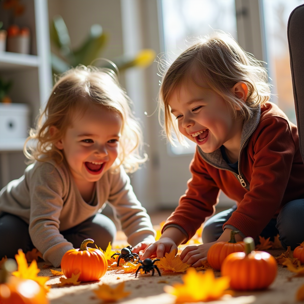 Kids searching for hidden Halloween toys during an indoor scavenger hunt activity