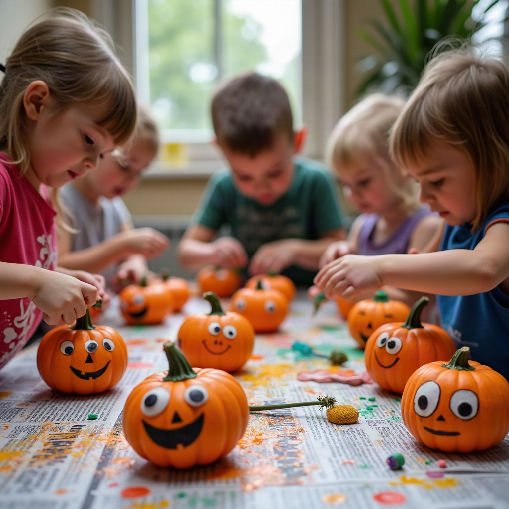 Kids painting and decorating no-carve mini pumpkins with googly eyes and glitter