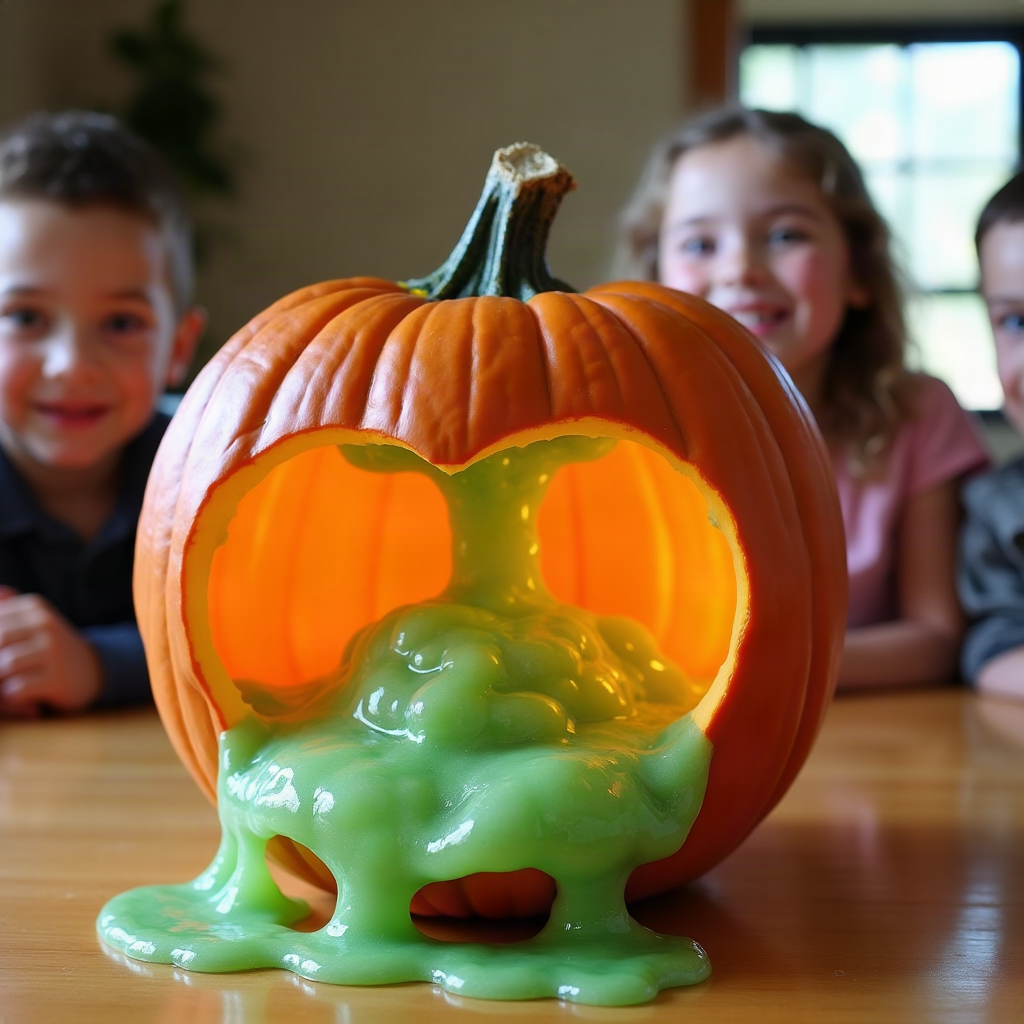 Kids watching a bubbling Halloween pumpkin science experiment eruption