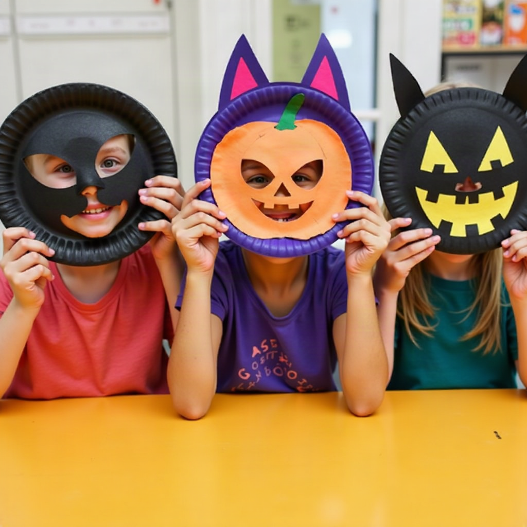 Kids holding up colorful handmade paper plate Halloween masks  fun and safe Halloween activities for kids to do at home