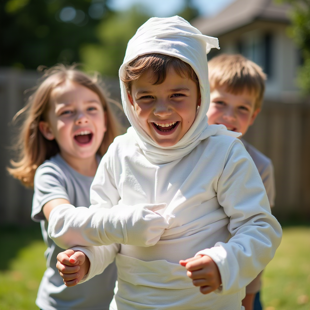 Kids laughing while playing a Halloween mummy wrap relay game with toilet paper