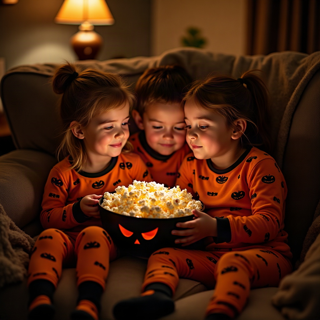 Kids in Halloween pajamas watching a movie with orange and black popcorn