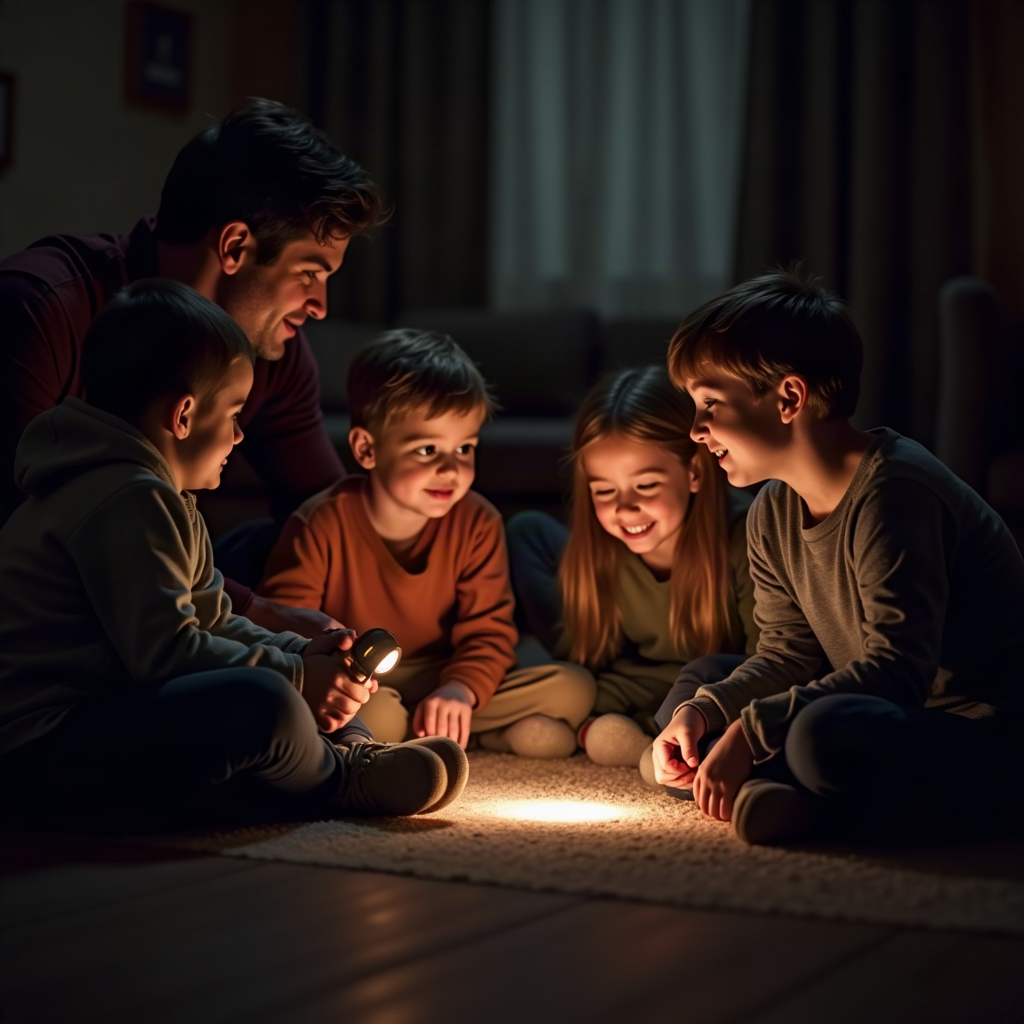 Parent and kids telling Halloween stories with a flashlight in a dim room