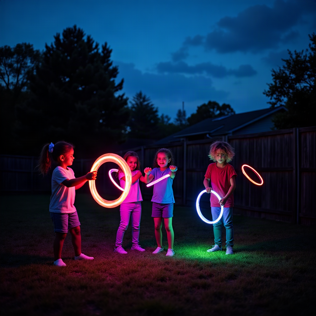 Kids playing a glow-in-the-dark ring toss game in the backyard at dusk