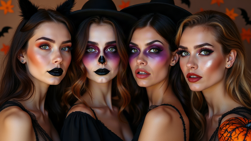 Four young women wearing easy Halloween makeup looks: black cat, vampire, witch, and sugar skull.