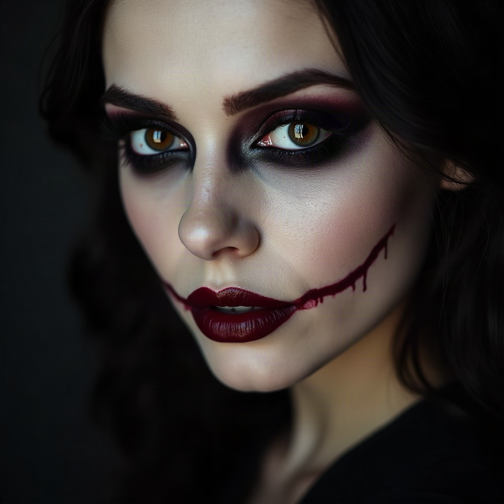 Dramatic vampire makeup look with smoky eyes and burgundy lips.”