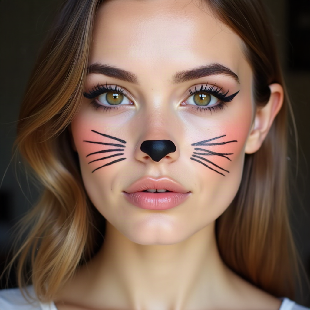 Close-up beauty portrait of a woman wearing cute Halloween cat makeup, with a black nose, whiskers, and dramatic eyeliner.