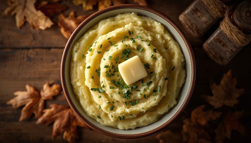 Make-ahead Thanksgiving mashed potatoes topped with butter and fresh chives