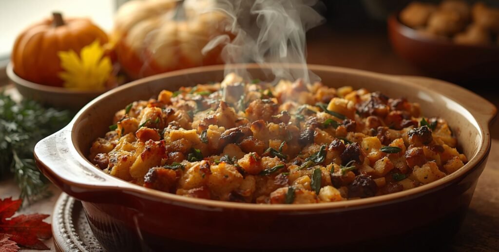 Make-ahead Thanksgiving stuffing fresh out of the oven with steam rising