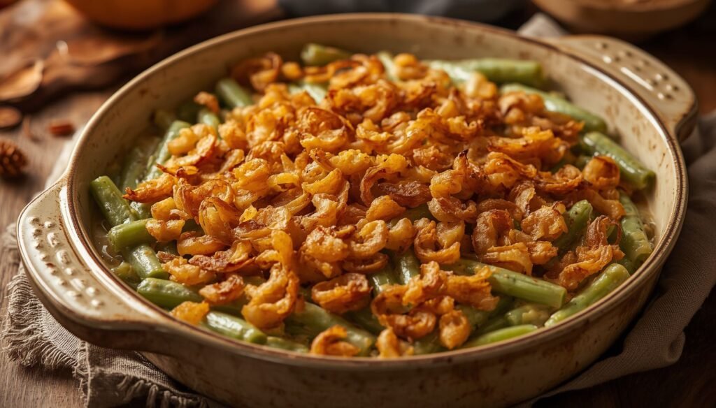 Make-ahead Thanksgiving green bean casserole topped with crispy onions