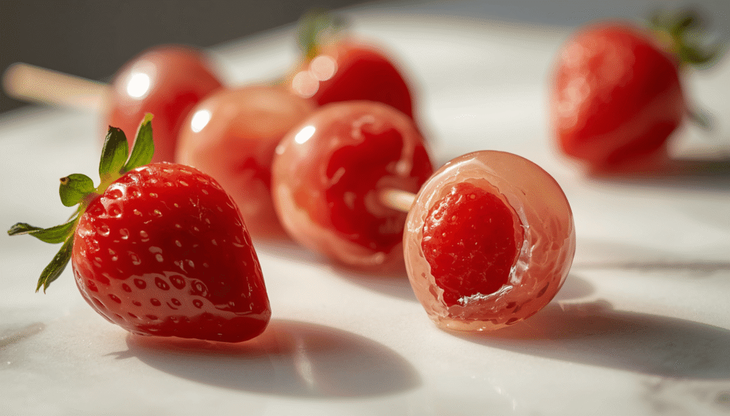 strawberry tanghulu recipe with glassy candy shell